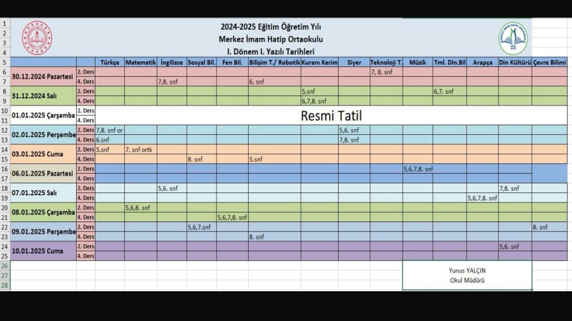 2024-2025 Eğitim Öğretim Yılı I.Dönem II. Sınav Tarihleri